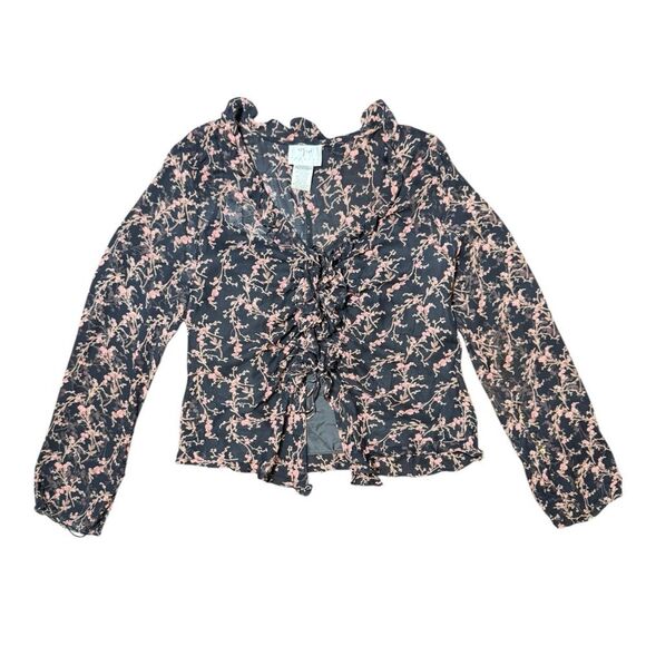 Y2K Vision Apparel Silk Black + Pink Beaded Tie Floral Sheer Blouse Size Large - Picture 3 of 8